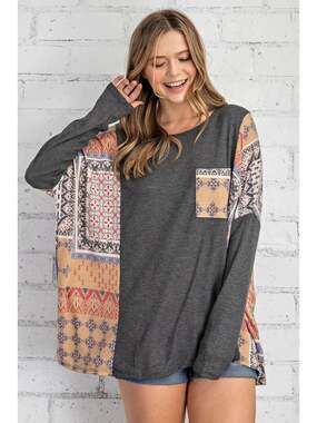 Oversized Waffle Knit Boho Print Contrast Long Sleeve  Knit Top